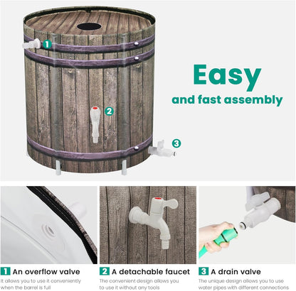 Rain Barrel,50 Gallon Collapsible Rainwater Collection with Spigots and Overflow Kit,Portable Plastic Rain Barrel with Filter, Anti-Collapse Rainwater Collection Container Woodgrain