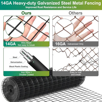 Black PVC Coated Welded Wire Fence 24 Inch x 49 Foot, 2.4" x 2.4" 14GA Garden Fence Roll Vinyl Coating Metal Wire Mesh Fence for Yard Vegetable Plant Protection Outdoor Dogs Poultry Netting