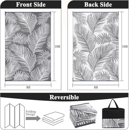 Pauwer Waterproof Outdoor Rug 8x10, Reversible Plastic Straw Patio Camping Rug, Indoor Outdoor RV Mat Carpet for Deck, Camper, Porch, Balcony, Backyard, Picnic, Leaf Grey