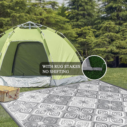 Pauwer Waterproof Outdoor Rug 9x12, Reversible Plastic Straw Patio Camping Rug, Indoor Outdoor RV Mat Carpet for Deck, Camper, Porch, Balcony, Backyard, Picnic, Clover Grey