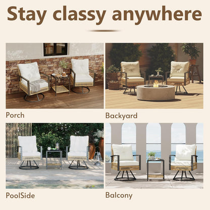 3 Piece outdoor swivel chair set of 2, outdoor swivel patio chairs with Wood-Grain Tabletop Coffee Table and 6" Thick backrest, front porch furniture for Patio, Backyard, Deck, Poolside(Beige)