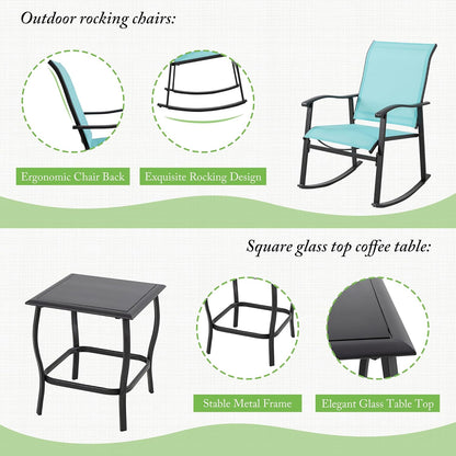 Shintenchi 3 Piece Rocking Bistro Set, Outdoor Furniture with Rocker Chairs and Glass Coffee Table Set of 3, Balcony, Porch Furniture for Small Space, Blue
