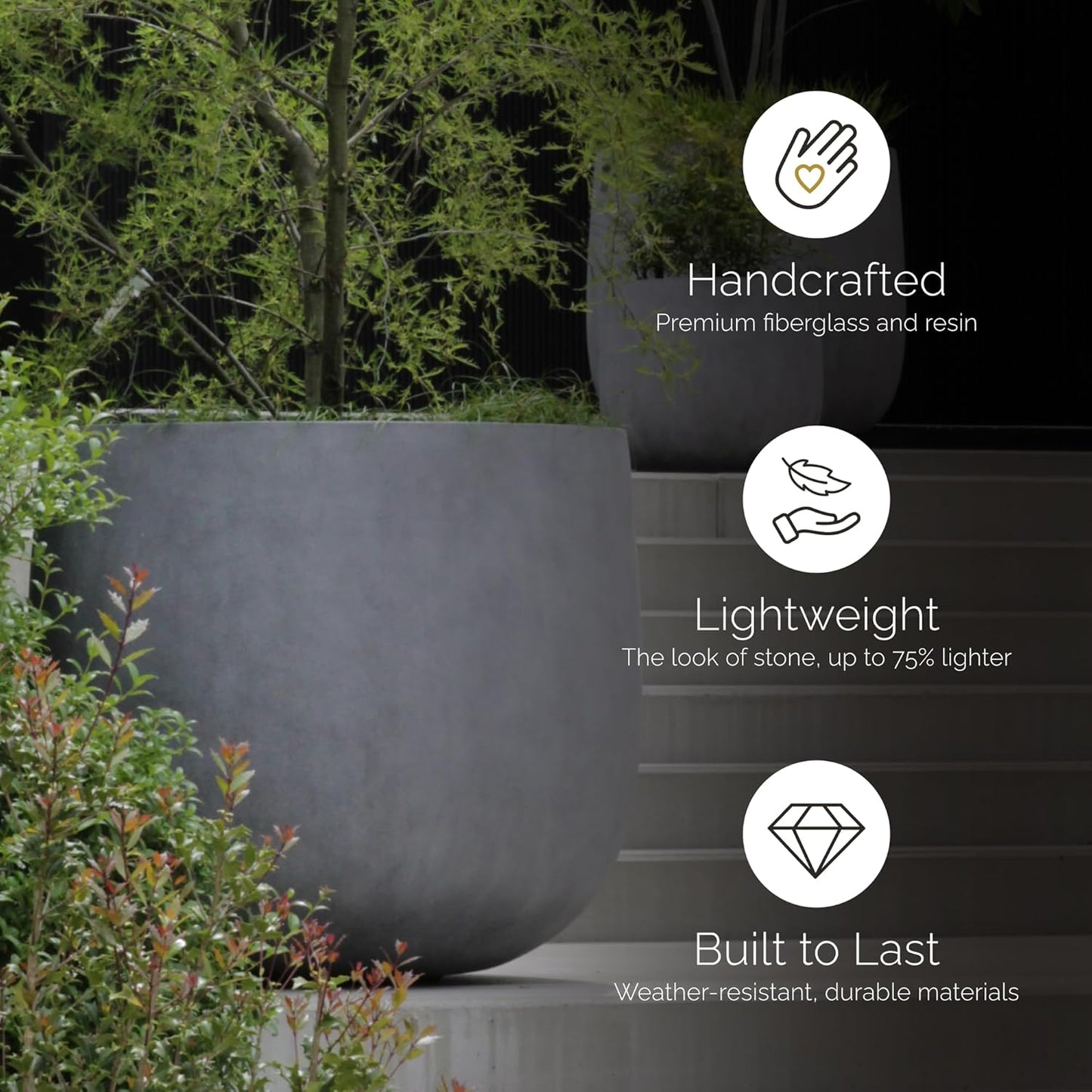 Mondo Large Planter – Brown Stone Finish – Fiberglass Indoor/Outdoor and Weather-Resistant Round Planter (19.7" D x 19.1" H Exterior, 18.5" D x 18.5" H Interior)