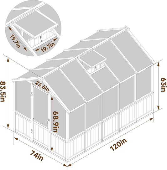 BlueWish 6x10FT Greenhouse, Greenhouses for Outside with Cedar Frame, Wood Greenhouse with Adjustable Vent, 6MM Polycarbonate Panel, Green House for Outside, Garden, Backyard
