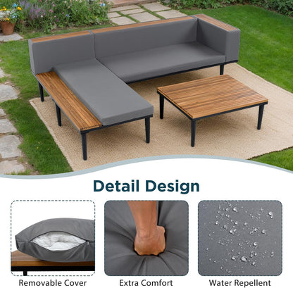 Acacia Wood Patio Furniture Set, Luxury Outdoor Conversation Sectional Sofa with Removable Cushions and Coffee Table, Side Table, L-Shaped Sofa Set for Backyard, Porch (Gray/17)