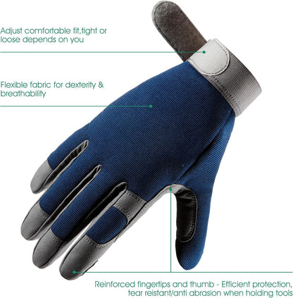 COOLJOB Thorn Proof Garden Gloves with Touchscreen Fingers for Men, Rose Pruning Work Gloves with Palm Cushion for Gardener, Farmer and Landscaper (Navy 1 Pair Medium)
