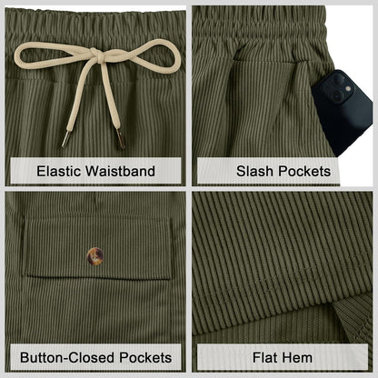 Mens Cargo Shorts Casual Drawstring Elastic Waist Corduroy Summer Beach Shorts with Pockets