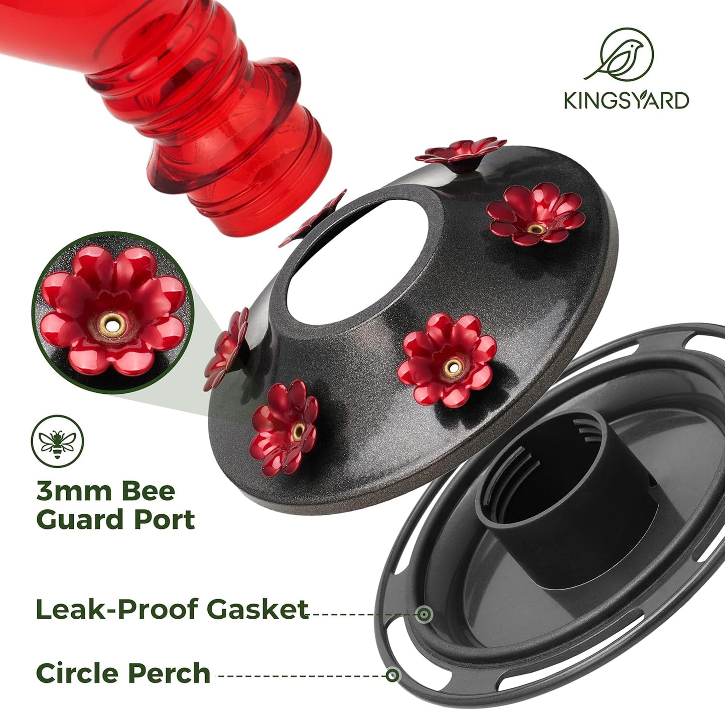 Kingsyard Glass Hummingbird Feeder - 6 Bee Guard Feeding Ports & Ant Moat, 24 oz Leak Proof, Wild Bird Feeder for Outdoors Hanging, Easy to Clean & Refill, Garden Yard Décor, Red & Blue