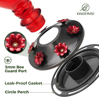 Kingsyard Glass Hummingbird Feeder - 6 Bee Guard Feeding Ports & Ant Moat, 24 oz Leak Proof, Wild Bird Feeder for Outdoors Hanging, Easy to Clean & Refill, Garden Yard Décor, Red & Blue