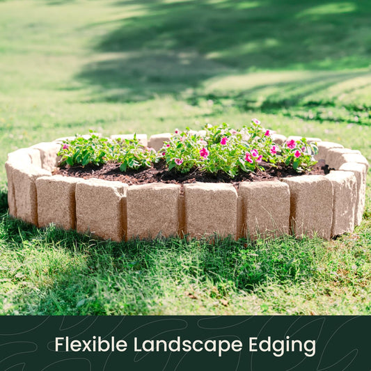 Beuta Landscape Edging | Garden Edging Border | Faux Stone Block XL for Lawn Edging, Flower Beds & Yard Edging – 4 Pack | Each Section Has 6 Blocks 48" L x 4" W x 9.5" H | 12 Spikes | Sandstone