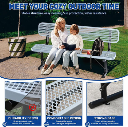 6Ft Heavy Duty Park Bench with Back Portable Frame, Outdoor Steel Bench with Backrest, Expanded Metal Mesh Bench for Lawn, Park, Deck, Garden, Patio, Porch, Grey