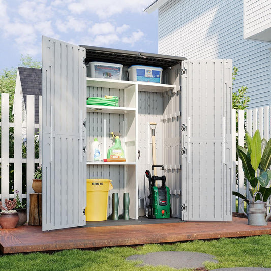Aoxun Outdoor Resin Storage Shed with Metal Shelving Kit & Floor, 64 Cu.Ft Vertical Waterproof Storage Cabinet for Garage, Pool, Bike, Garden Tools, Patio Furniture (White)