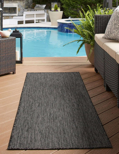Unique Loom Collection Casual Transitional Solid Heathered Indoor/Outdoor Flatweave Area Rug (2' 7" x 10' Runner, Black/Ivory)