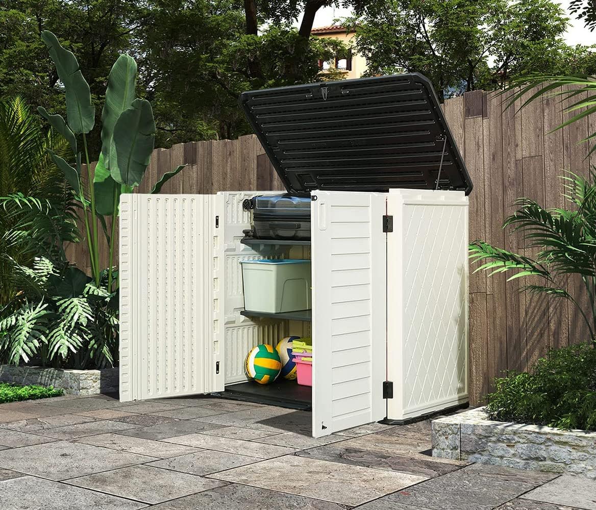 HOMSPARK Storage Shed Weather Resistance, Multi-Purpose Outdoor Storage Cabinet for Backyards and Patios, 26 Cu.ft Capacity Horizontal Storage Shed for Bike, Lawnmower, Trash Cans, Patio Accessories