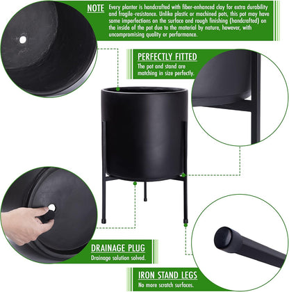 D'vine Dev Modern Black Plants Pot Cylinder Planter with Heavy Duty Stand, Large 12 Inch Pot, 17.6 Inch with Stand Height, 96-T-B-3