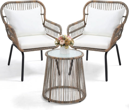 3 Pieces Rattan Wicker Bistro Set, Outdoor Conversation Set, Wicker Furniture Set with Glass Top Table, Space Saving for Balcony, Backyard, Natural