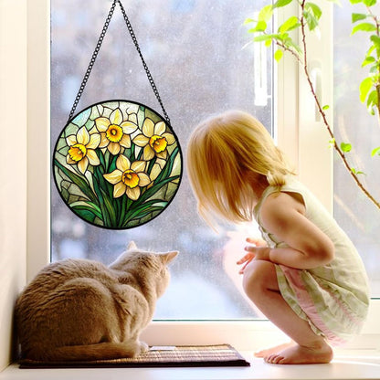 Stained Glass Window Hanging, Daffodil Plant Flowers Sun Catchers Diamond Glass Panel Hangings Suncatcher Decor for Birthday for Women, Men, Wife, Aunt,and Mom 9.8X9.8IN