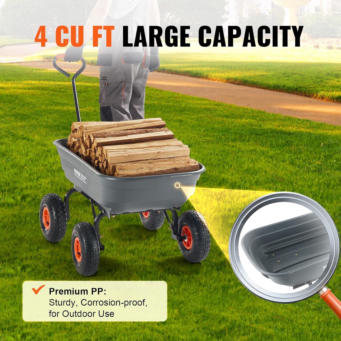 VEVOR 4 Cu.Ft. 600lbs Poly Garden Cart Dump Wagon, Heavy Duty 4 Wheel Wheelbarrow Yard Cart Dump Wagon with 10in All Terrain Wheels, Steel Frame and Quick Release System
