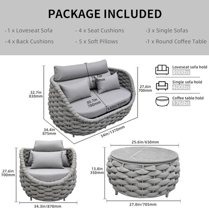 5 Pieces Patio Furniture Set, Outdoor Rope Conversation Sectional Patio Sofa with 5 Seater for Backyard, Porch, Modern Armchairs with Thickness Cushions and Side Table, Light Grey