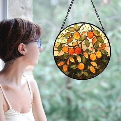 Stained Glass Suncatcher, Orange Green Fruit Tree Sun Catcher Landscape Stain Glass Window Hanging Decoration Mother's Day Birthday Gifts for Women Men Mom Nana 6.3 in