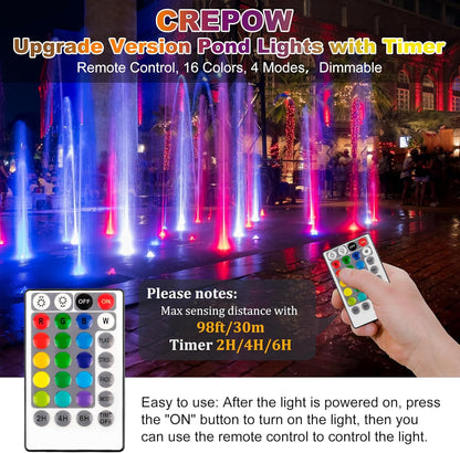 RGBW Pond Lights with Timer, 18 LED Super Bright Underwater Submersible Fountain Lights Color Changing Spotlights, Remote Control IP68 Waterproof for Fish Aquarium Tank Garden Pool (Set of 3)