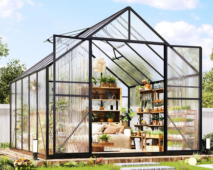 Jocisland 8x10x7 FT Polycarbonate Greenhouses for Outdoors, 2 Top-Opening Windows, 2 Swing Doors, Aluminum Walk-in Heavy Duty for Outdoor Use, Backyard Garden, Black