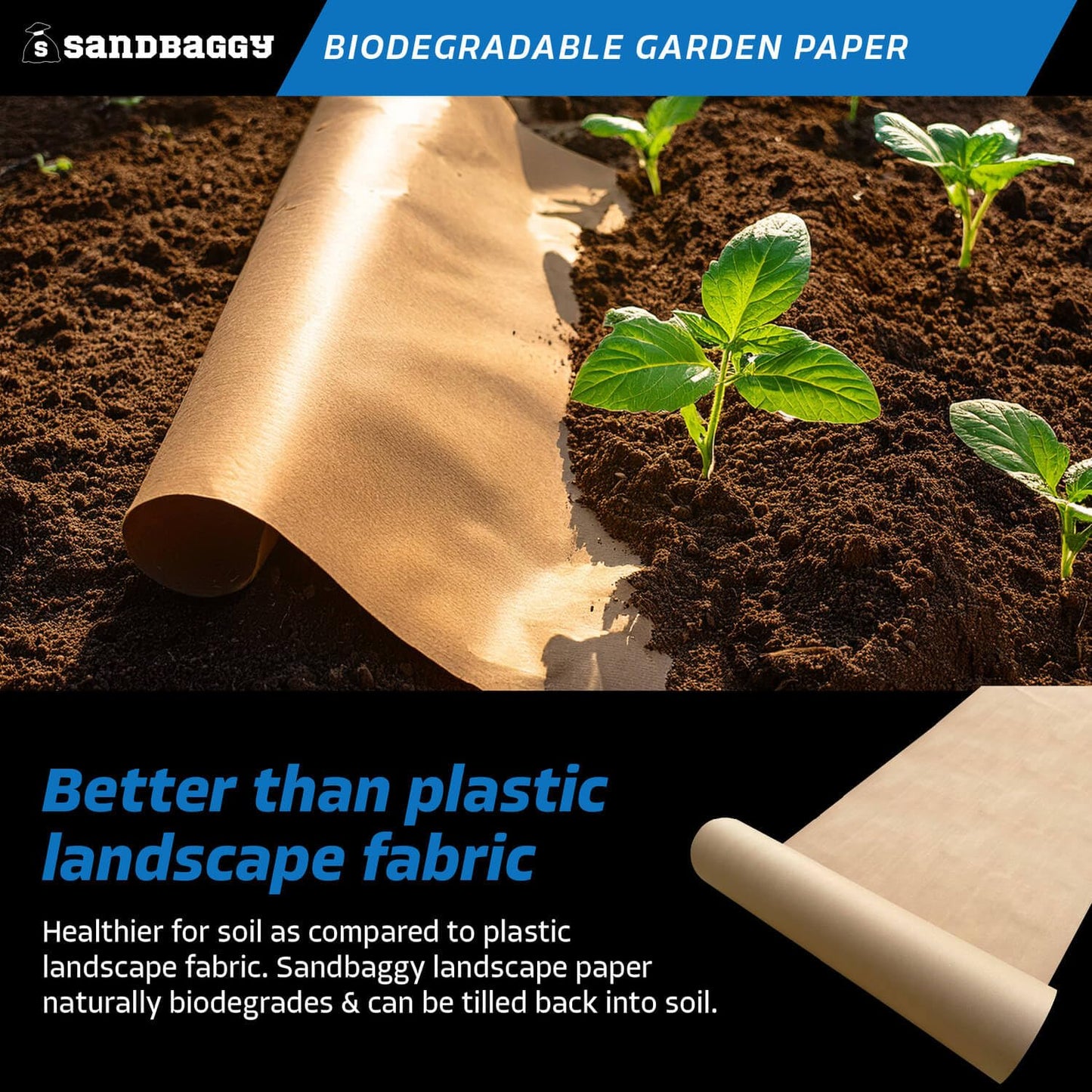 Sandbaggy Biodegradable Landscape Fabric - Garden Paper for Weeds - Paper Mulch Rolls - Made in America (3 ft x 50 ft, 1)