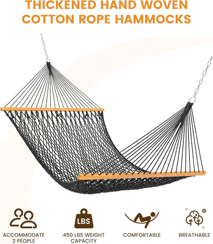 Lazy Daze Hammocks Double Rope Hammock, 2 Person Traditional Outdoor Hand Woven Cotton Rope Hammock with Spreader Bar, Chains, Tree Straps for Patio Yard - Max 450 Lbs, Dark Grey