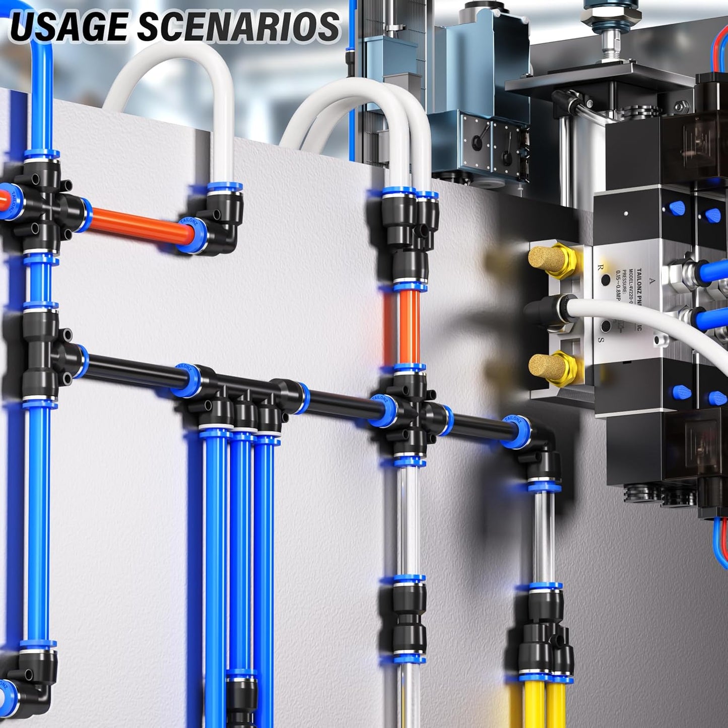 TAILONZ PNEUMATIC 1/4 Inch od Push to Connect Fittings Pneumatic Fittings Kit 2 Spliters+2 Elbows+2 tee+2 Straight (8 pcs)