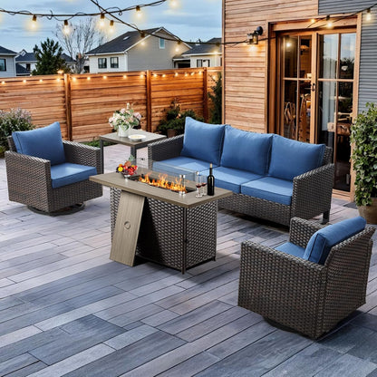 HUMMUH 5 Piece Patio Furniture Set with Fire Pit Table 41in 55,000 BTU,Wicker Outdoor Conversation Sets - Outdoor Swivel Rocker Chairs Patio Sofa for Porch,Garden,Backyard