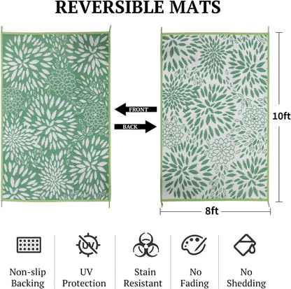 8'x10' Reversible Outdoor Rug - Eco-Friendly Plastic Straw Rug-Heavy-Duty Waterproof Mat, UV & Fade Resistant for Patio, Camping, RV, Deck, Balcony(8x10,Lake Blue&Floral)