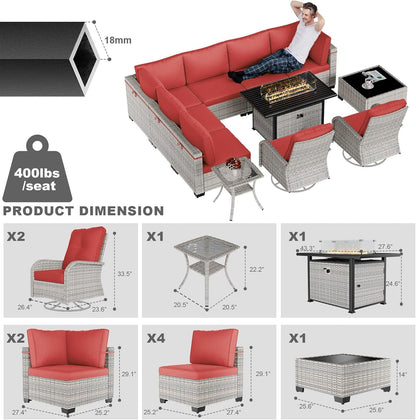 11-Piece Patio Furniture Set, Outdoor Patio Furniture with 55,000 BTU Fire Pit Table, Swivel Chairs Set, Thick Cushions, Modular Patio Sofa, Dual-Strand Wicker Rattan, Rust-Resistant Frame, Red