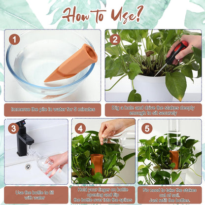 6 Sets Plant Watering Devices Include Terracotta Self Watering Spikes and 26 oz Plastic Bottles, Slow Release Vacation Insert Automatic Plant Waterer Device (Clear Green and Terracotta)