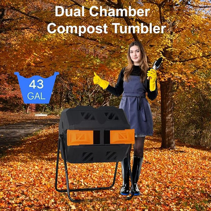 FDW Outdoor Compost Bin,43 Gallon Dual Chamber Tumbling Composting Bin with Sliding Doors Compost Tumbler for Garden Patio Kitchen Yard,Orange Door