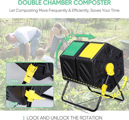 HomGarden Large Dual Chamber Compost Tumbler Heavy-Duty Outdoor Bin Composter with 2 Sliding Doors Easy-Turn, All-Season 37 Gallon High Volume Composter Black