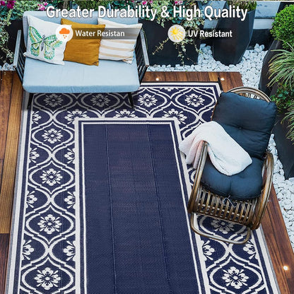 RV Outdoor Rug Waterproof Mat 9'x12' Camping Carpet Blue Outside Area Rugs Reversible Rugs for Deck Entryance Porch Picnic Balcony Beach