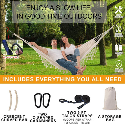 Hammock Hanging Swing Double Max 500lbs Macrame for Indoor Outdoor Patio Yard Garden (Beige)