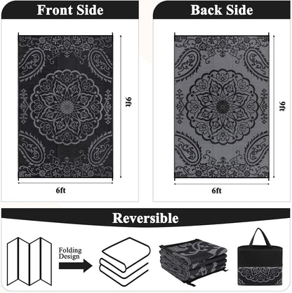 Pauwer Waterproof Outdoor Rug 6x9, Reversible Plastic Straw Patio Camping Rug, Indoor Outdoor RV Mat Carpet for Deck, Camper, Porch, Balcony, Backyard, Picnic, Boho Black Grey