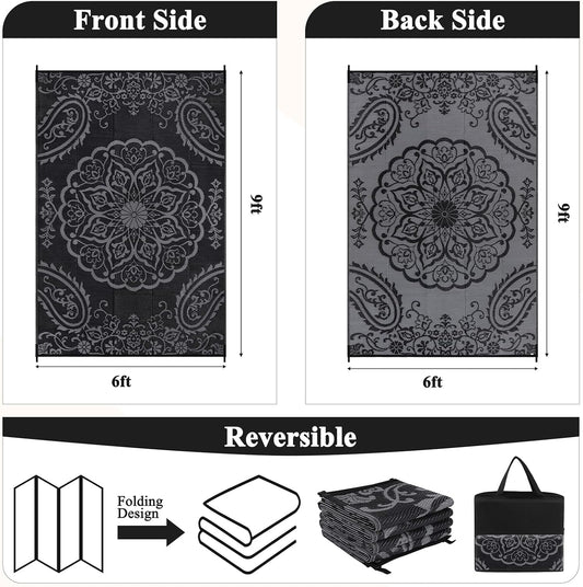 Pauwer Waterproof Outdoor Rug 6x9, Reversible Plastic Straw Patio Camping Rug, Indoor Outdoor RV Mat Carpet for Deck, Camper, Porch, Balcony, Backyard, Picnic, Boho Black Grey