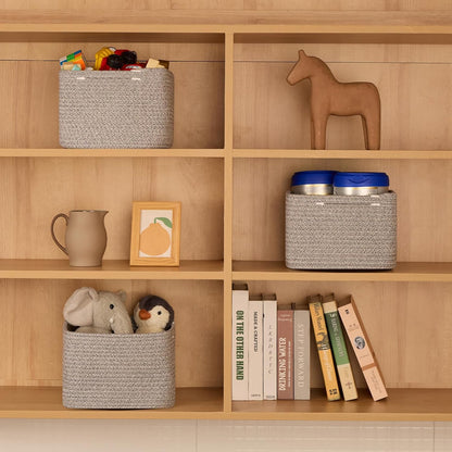 Small Organizing Baskets for Cubes Shelf, 9.7x9.7x7.1 Inch Rope Woven Storage Bins for Nursery Shelves Storage, Cute Toy Basket, Square 3 Packs Mixed Grey