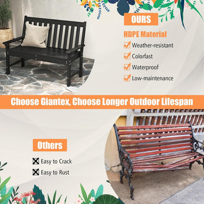 Giantex Outdoor Bench, 52-Inch Outside Bench All-Weather HDPE Park Bench with Backrest and Armrests, 705 lbs Weight Capacity, 2-Person Slatted Patio Bench for Porch, Yard, Lawn, Garden Bench (Black)