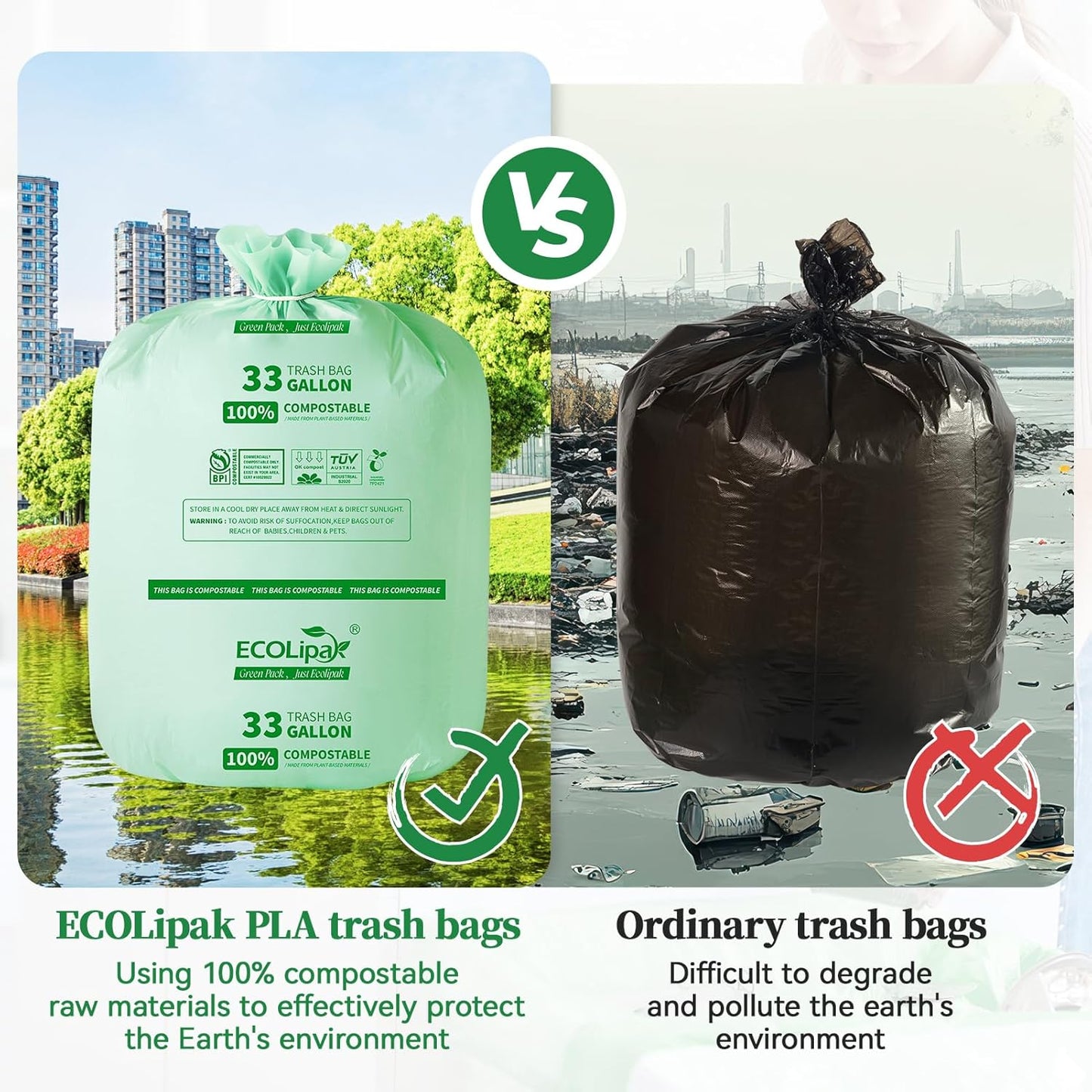 ECOLipak 33 Gallon Compostable Trash Garbage Bags, 50 Count (2 Rolls) Biodegradable Heavy Duty Large Outdoor Trash Bags for Lawn/Yard, US BPI ASTM D6400 and OK Compost Home Certified