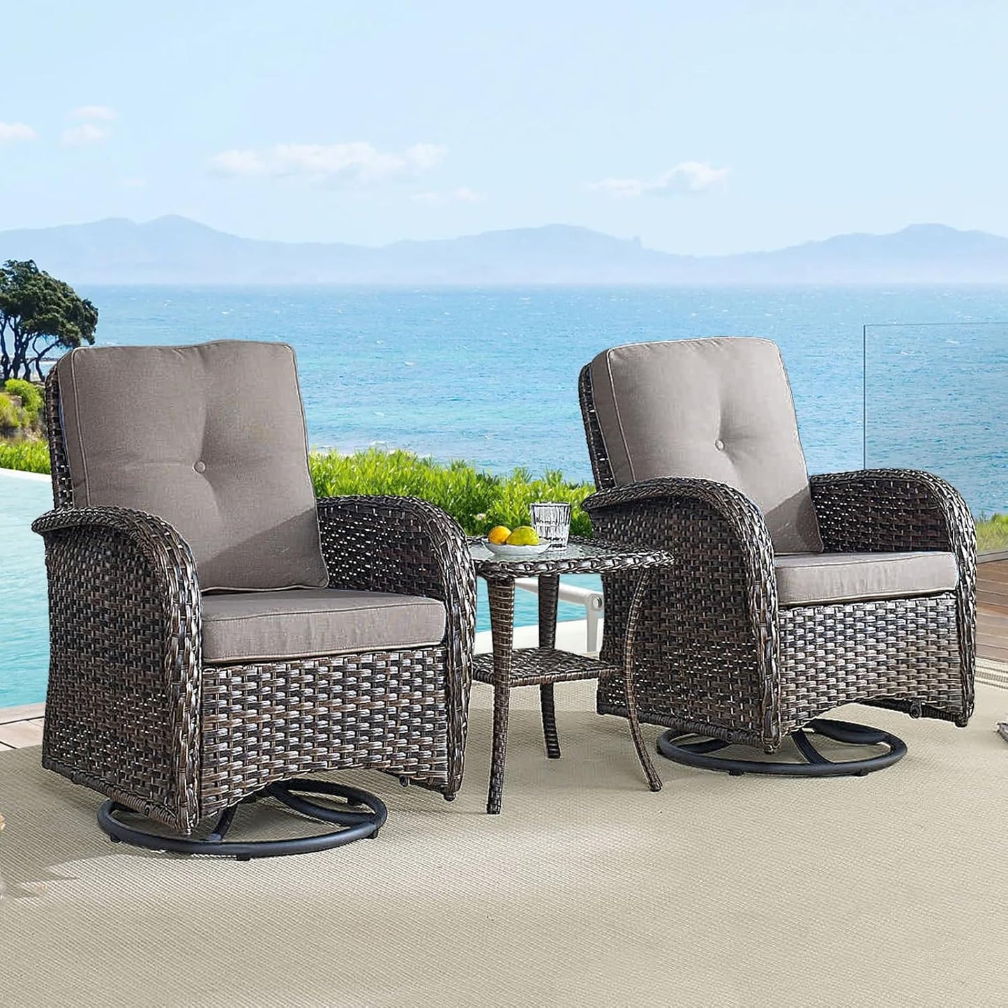 HUMMUH 5-Piece Patio Furniture Wicker Outdoor Conversation Set,All-Weather Rattan Swivel Chairs Bistro Set with Loveseat Coffee Table for Backyard,Poolside,Deck(Brown/Grey)