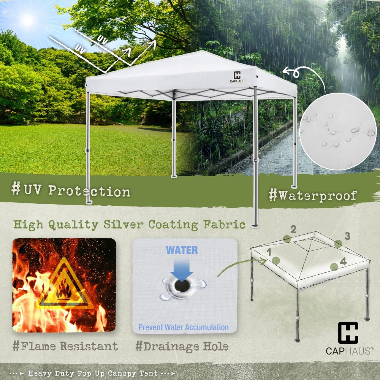 CAPHAUS Patented One-Push Pop Up Outdoor Canopy Tent, Heavy-Duty Commercial Grade w/Central Lock, Portable and Instant Folding Shelter with Wheeled Carry Bag and Weight Bag, 10ft x 10ft, Dark Grey