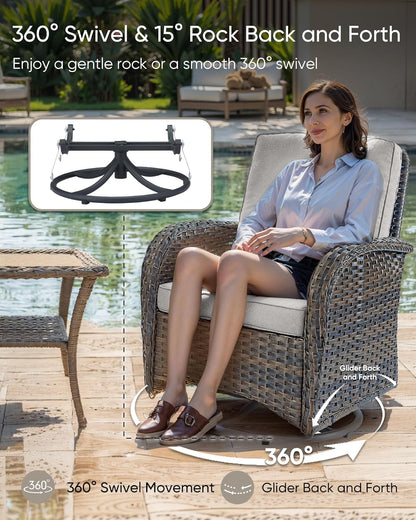 HUMMUH Outdoor Swivel Chairs,3 Pieces Patio Furniture Set with 360 Degree Wicker Swivel Rocking Chairs and Side Table for Garden,Porch,Backyard (Brown/Beige)