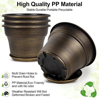 Plant Planters Pots Set of 4 Pack 11 Inch, Plastic Flower Pot for Indoor Plants with Drainage Holes & Trays, Resin Decorative Container Sets with Saucer for House Outdoor Garden Planters Dark Gold