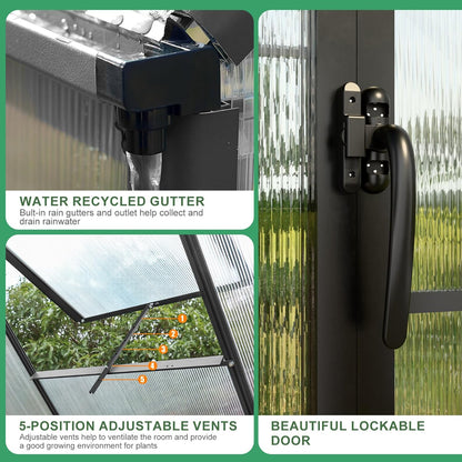 JULY'S SONG 10x12 FT Greenhouse for Outdoor, Large Easy Assembly Heavy Duty Polycarbonate Panels Aluminum Frame Walk-in Green House with 2 Windows Wider Door for Garden Plants Outside