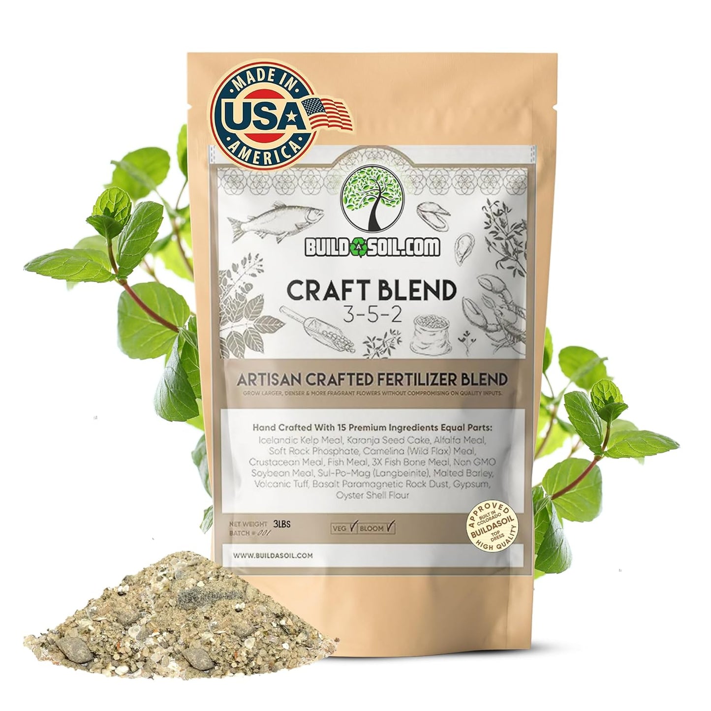 BuildASoil Fertilizer for Vegetable Garden and Organic Plant Food | Hand-Crafted Organic Fertilizer with 15 Premium Ingredients | Ensures Larger Plants and More Fragrant Flowers (3 LB - Small Bag)
