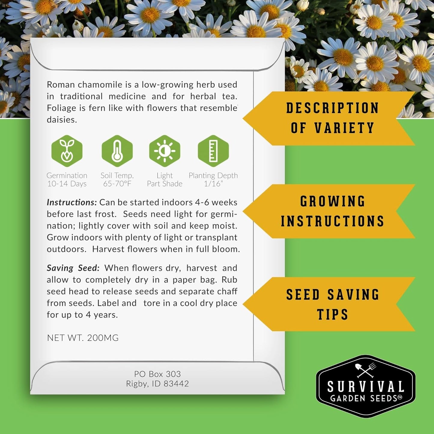Survival Garden Seeds 10 Flower Collection - Four O’Clock, Chamomile, Shasta Daisy, Purple Coneflower, Marigold, Morning Glory, Nasturtium, Snapdragon, Sunflower, Zinnia - Non-GMO Heirloom Varieties
