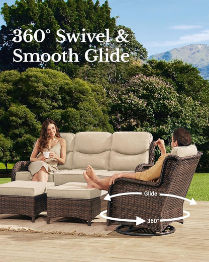 HILLGA Luxury Patio Furniture Set with 6-inch Thick Cushion, Outdoor Couch and High Back Swivel Rocker Patio Chairs, 7PCS Wicker Conversation Set for Deck Yard and Poolside, Beige (V2)